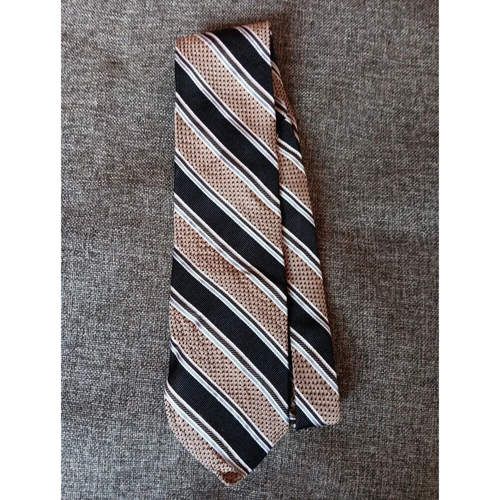 Tie 70s 80s 90s Y2K Mens Antonio Vessi Silk Beige Black Stripe 3.75 Wide 58 Long